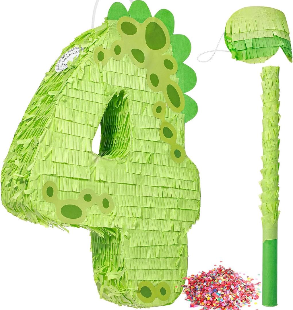 Poen 16 Inch Dinosaur Piata Number 1 2 3 4 5 6 7 8 9 for Kids Birthday Party Cute Dino Piata with Blindfold Stick and Confetti for Boys Girls Dinosaur Birthday Animal Theme Baby Shower Decor(4)