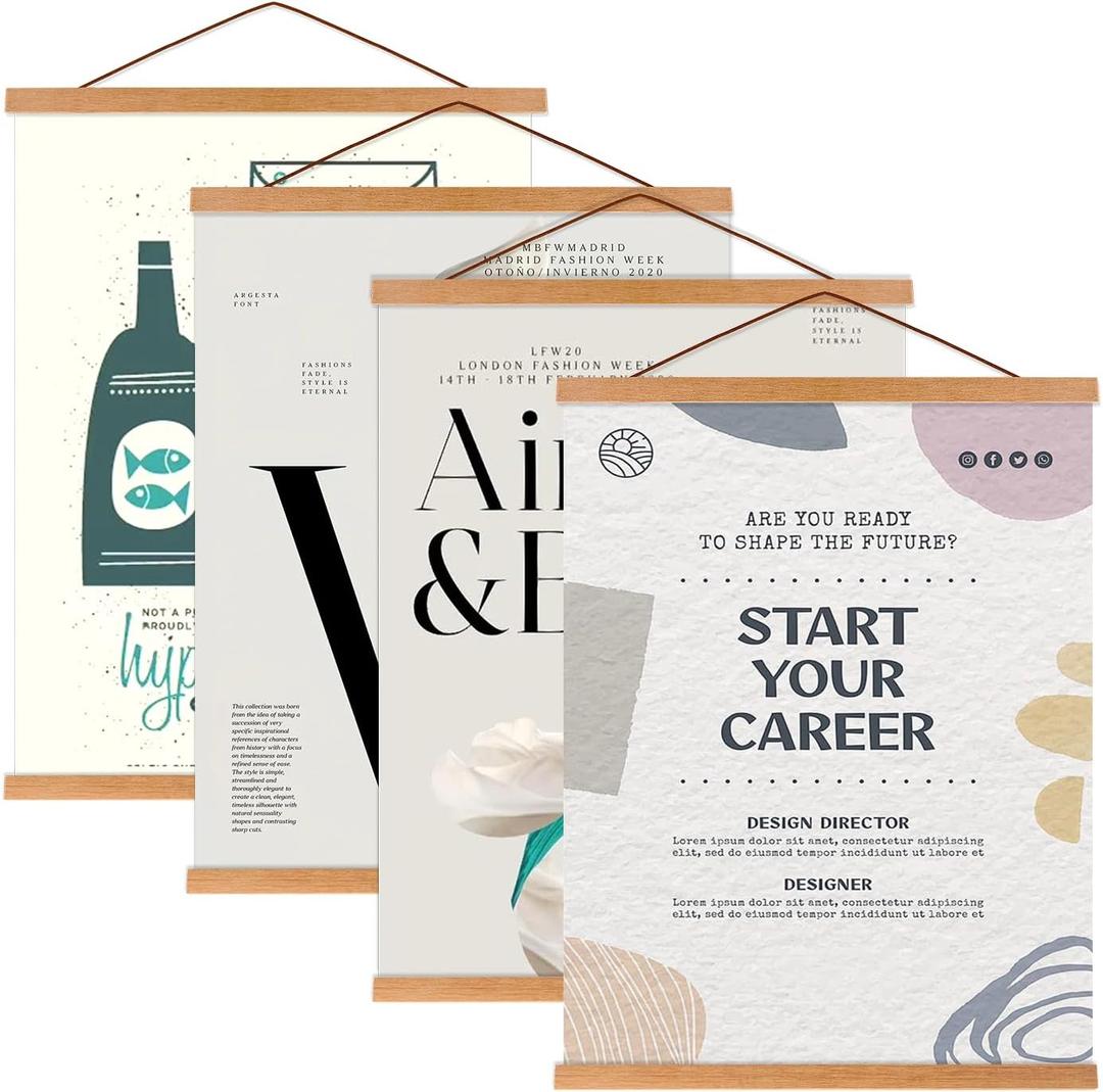 Artmag 4 Pack Magnetic Poster Hanger Frame, 28x22 28x40 28x30 Light Wood Wooden Magnet Poster Frame for Maps Canvas Artwork Pictures Poster Hangers Frames (Teak,28")