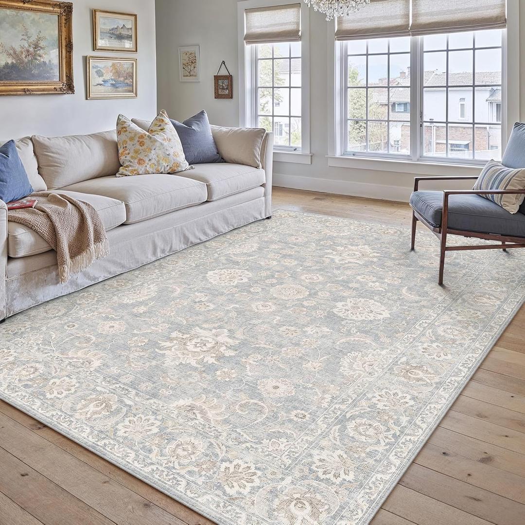 5x7 Blue Cream Washable Area Rug for Living Room Bedroom Neutral Floral Soft Non Slip Rug Low Pile Distressed Carpet for Dining Room Nursery Office Indoor