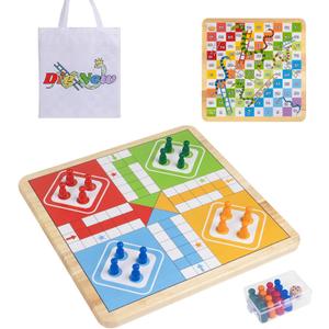 12 Inch Wooden 2-in-1 Ludo & Snakes Board Game, Reversible Travel Set with Storage Bag & Organizer Box (All-in-One Storage)