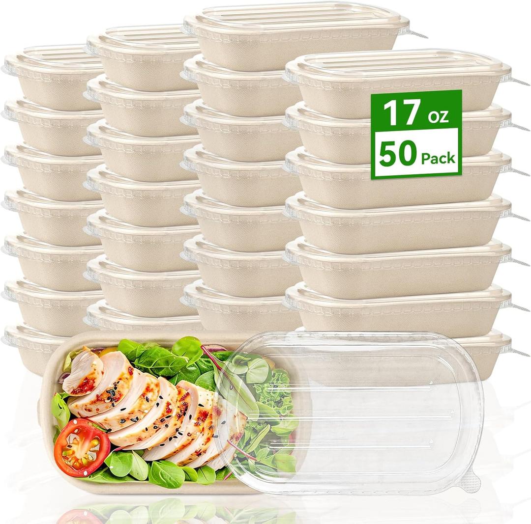 ZORRITA 50 Pack 17 oz Disposable Meal Prep Containers, Sugarcane Fiber Paper Salad Bowls with Lids Take Out Food Container for Pasta, Burrito, Leftovers