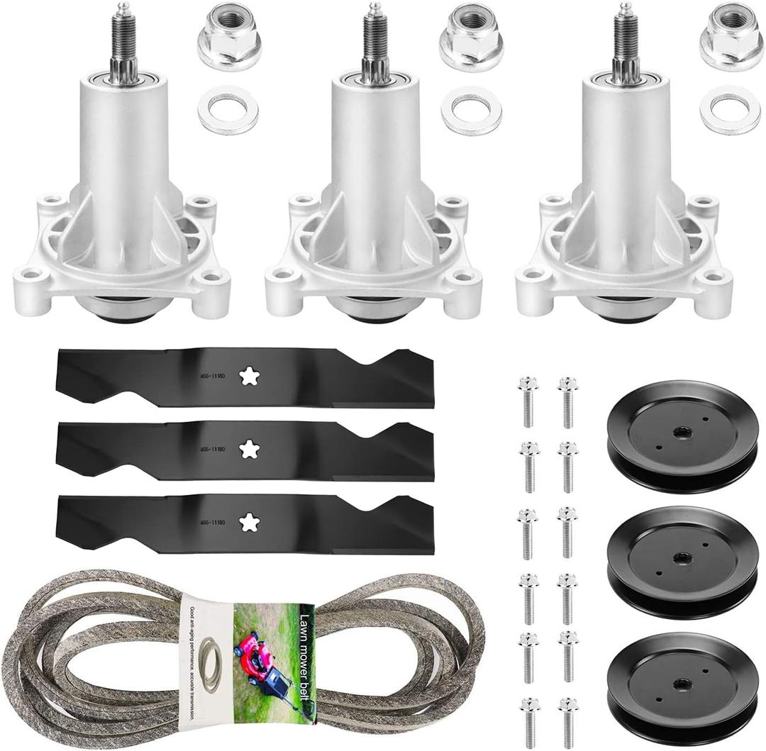 Deck Spindle Blade Belt Kit Includes (3) Spindle 187292 192870, (3) Spindle Pulleys 129861 153535 173436, (3) Blades 187256 187254, (1) Deck Belt 196103 for Husqvarna YTH2454 LGT2654 LGT2554 GTH 2654