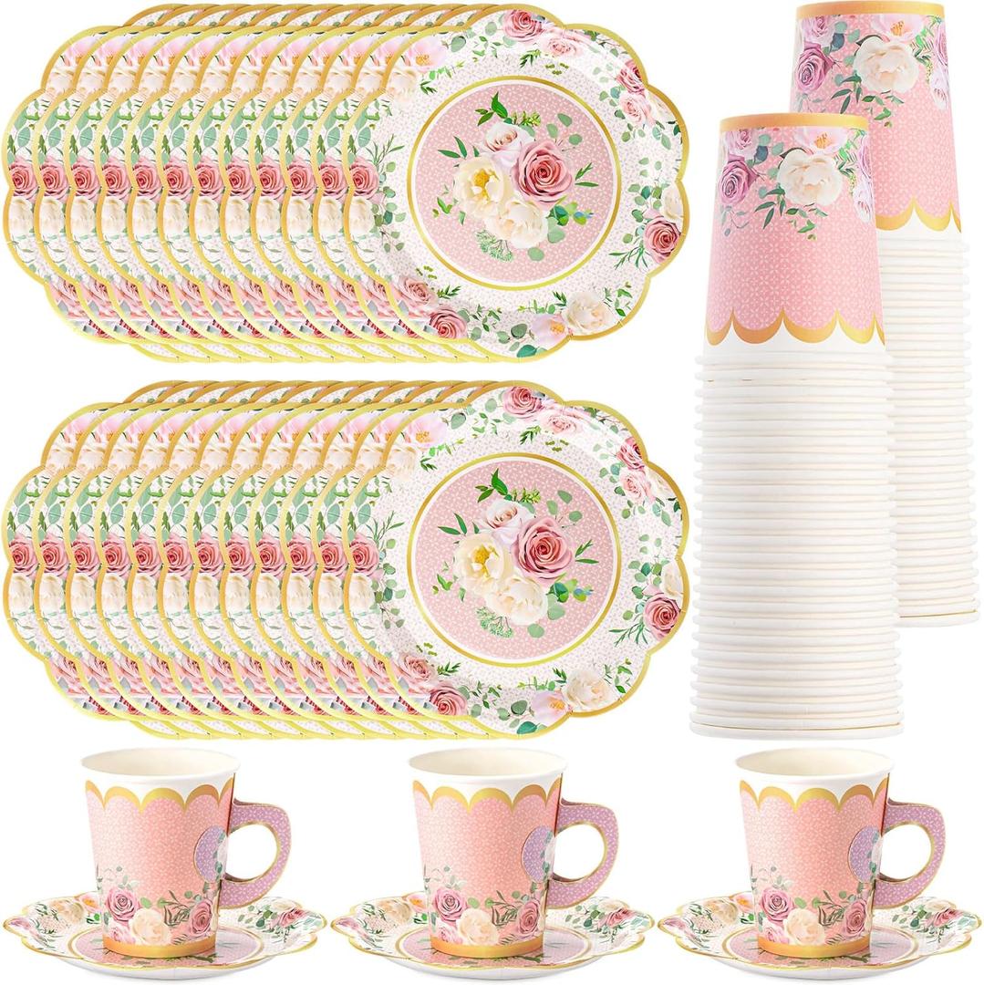 Domensi 60 Pieces Tea Party Decorations Include 30 Pcs 9 oz Paper Cups with Handle and 30 Pcs Tea Party Paper Plates Disposable Blossom Teacups and Saucers for wedding Favors(Elegant)