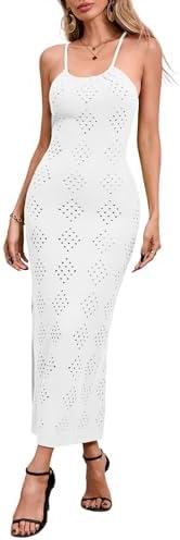 Fisoew Womens Crochet Swimsuit Cover Up Sleeveless Halter Neck Sexy Bodycon Backless Summer Knit Beach Vacation Maxi Dress XXL