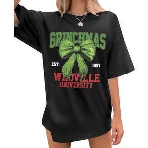 Merry Christmas Oversized Shirts Women Ugly Christmas T Shirts Xmas Bow Graphic Holiday Short Sleeve Tops (Black) XL