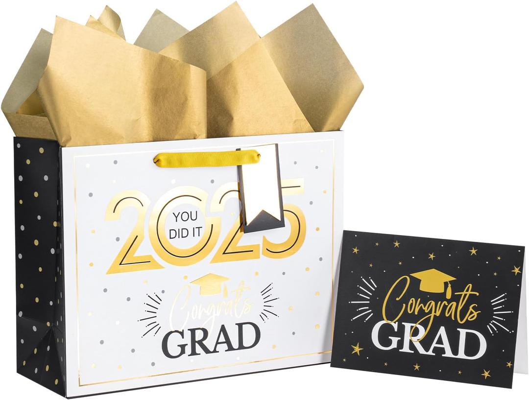 Loveinside White and Gold Graduation Gift Bag - Gold Foil 2025 Design with Tissue Paper, Greeting Card and Tag for Class of 2025 Graduation Season Theme Party - 13" x 5" x 10", 1 Pcs