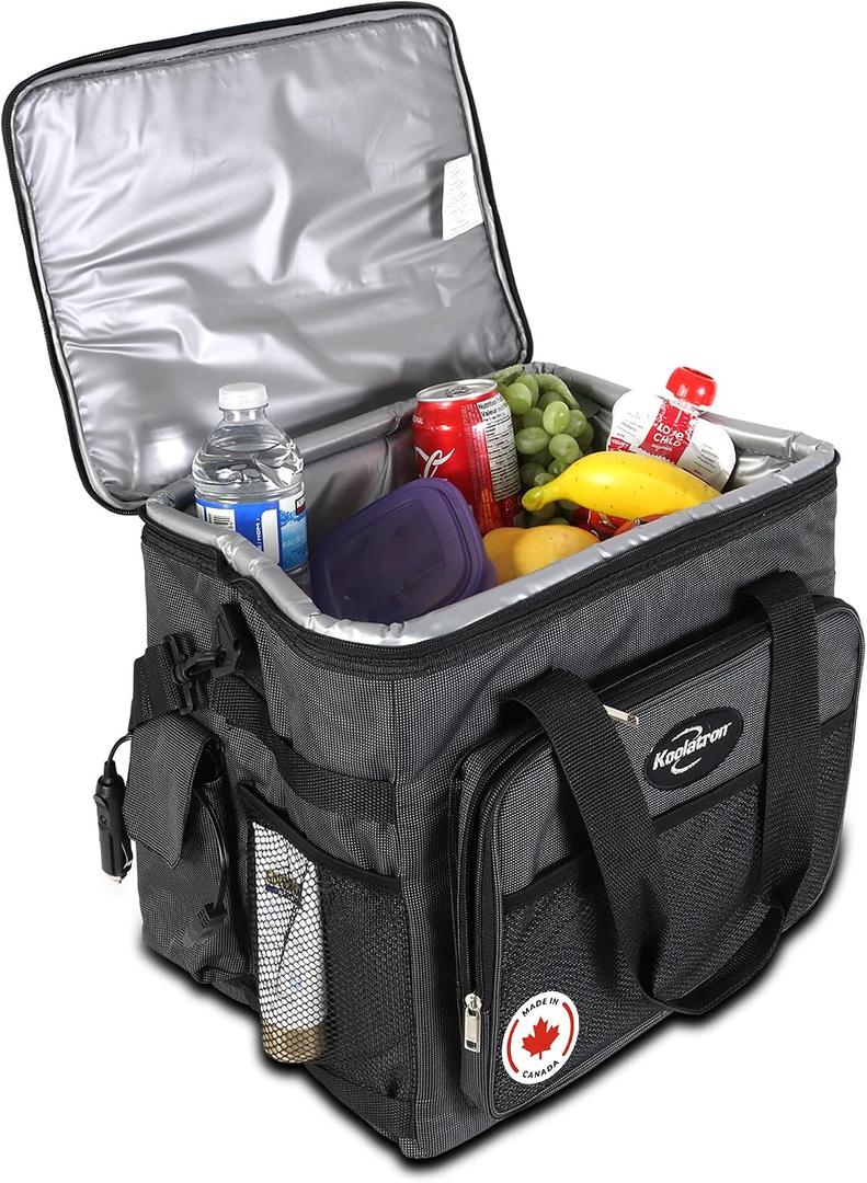Koolatron Electric Portable Cooler Plug in 12V Car Cooler Bag, 26 qt (25 L) Black/Gray Soft-Sided Portable Car Fridge w/DC Power Cord, Adjustable Shoulder Strap, Cord Storage, Road Trip.