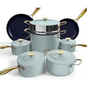 Nuwave Lux LE 13-Pc Cookware Set with Elegant Gold Handle, Diamond Infused Ceramic Non-Stick, PFAS Free, Premium Metal Lids, Ergonomic Stay-Cool Handles, Induction Ready & Compatible w/All Cooktops, Multiple