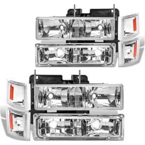 Headlight Assembly Compatible with 1994 1995 1996 1997 1998 Chevy Silverado Tahoe Suburban C10 C/K 1500 2500 3500 Halogen Headlamp, Chrome Housing Amber Reflector