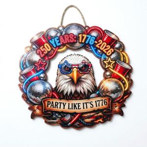 USA 250th Anniversary Wooden Door Sign, 1776-2026 Commemorative Bald Eagle Patriotic Wall Hanging Decor, Cheers to Freedom Party Wreath for July 4th Home Porch Decor (250year-5)