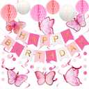 meowtastic Birthday Decorations, Happy Birthday Banner with Honeycomb Balls, Butterfly Hanging Swirl Streamers, Circle Dots Garland, Happy Birthday Party Decorations for Women Girls (Pink & White)