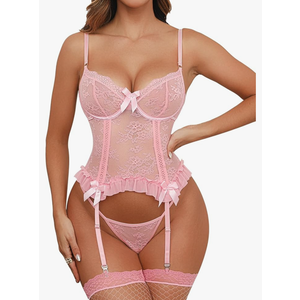 Donnalla Women Sexy Lingerie Set Floral Lace Bodysuit Garter Lingerie Teddy with Panty Stockings, Medium