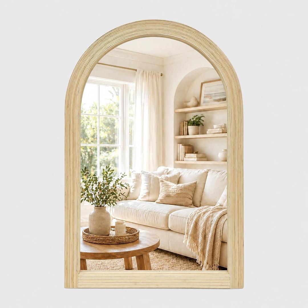 24" x 36" Arched Wall Mirror, Handwoven Bamboo Strip Frame | Warm natural bamboo texture, 2 in deep frame, decorative boho coastal style for entryway, bathroom, bedroom, and living room