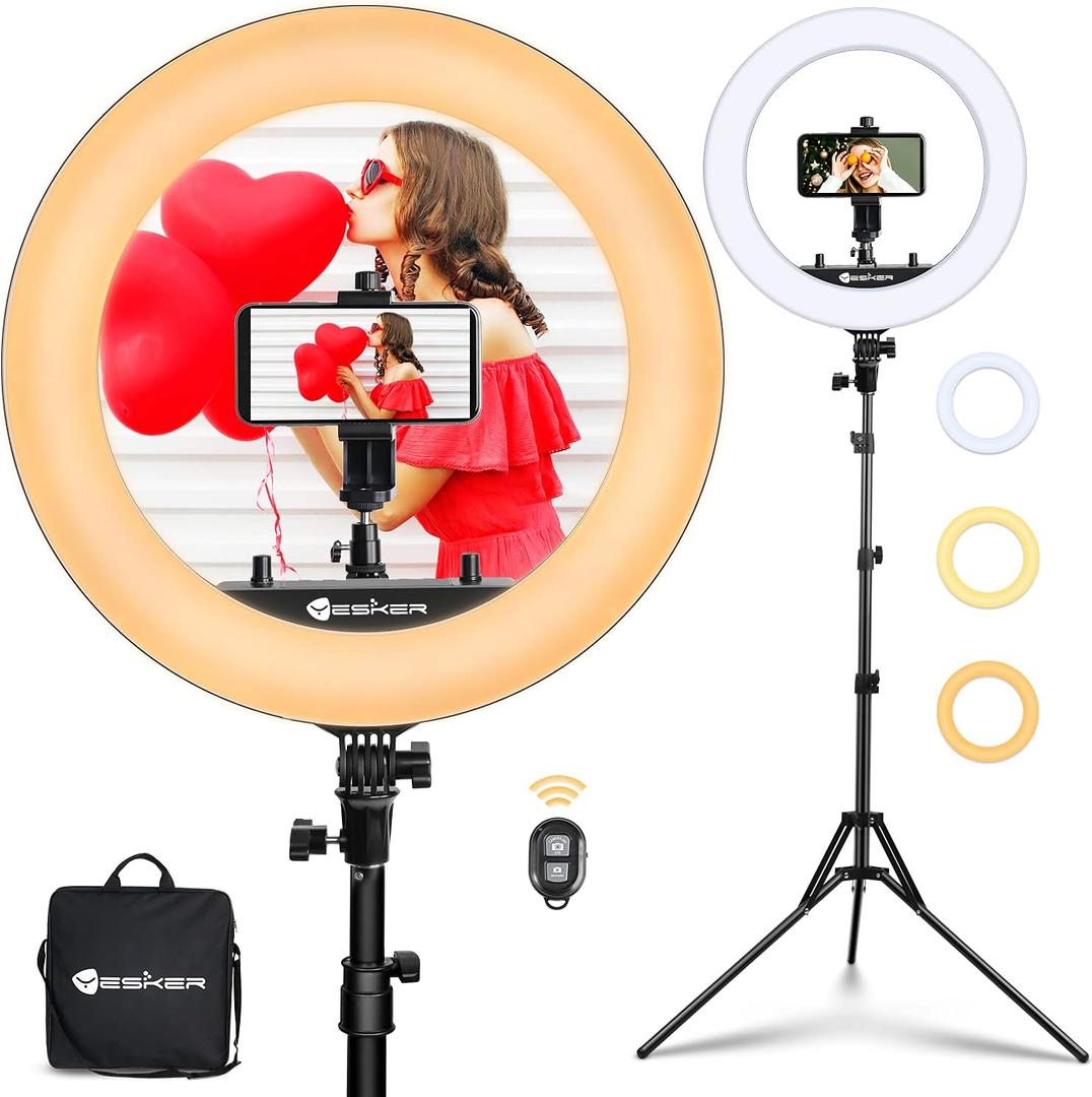 Yesker Ring Light 18 Inch with Stand Tripod Big Selfie Ringlight Adjustable 6000K Dimmable LED Portable Professional Ring Lights Kit Phone Holder for Camera Live Streaming Makeup YouTube Video TikTok (18 In LED Ring Light)