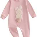 Easter Baby Boy Girl Outfit Embroidery Bunny Rompers Bunny Tail Jumpsuit Unisex Newborn Infant Easter Clothes, Pink, 3-6Months