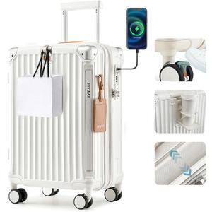 Joyway Carry On Luggage, Expandable Suitcase with Smart Cup Holder and USB Port, 20 IN Hardside Checked with TSA Lock Spinner Double Wheels, White