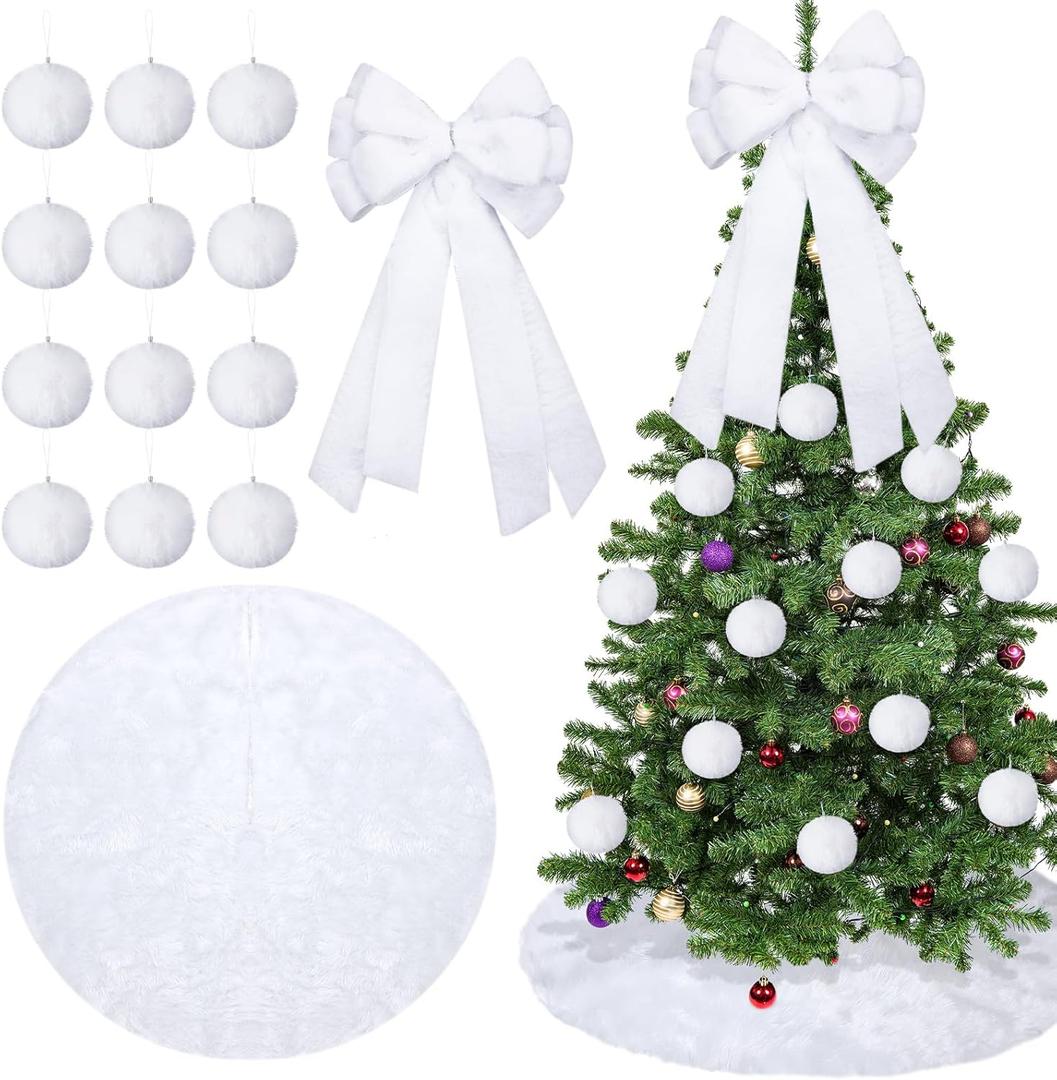 HyDren 14 Pcs White Ornaments for Christmas Tree Set 48 Inch Faux Fur Tree Skirt 20.5 Inch White Fluffy Plush Trees Topper Bow 12 Snow Pom Poms Balls Ornaments for Holiday Xmas Indoor Outdoor Party