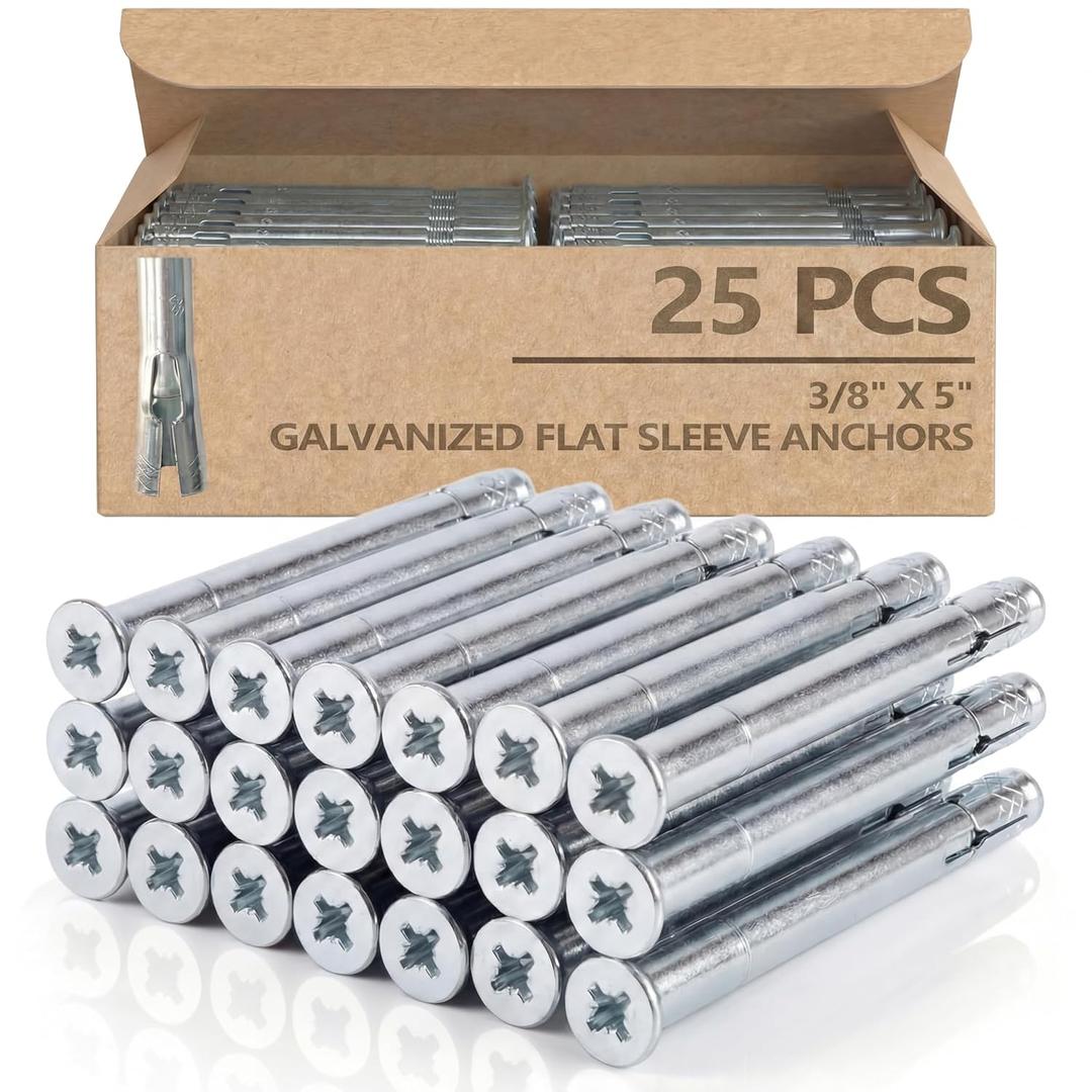 25 PCS 3/8" x 5" Flat Sleeve Anchor Zinc Plated for Heavy-Duty Fastening in Masonry, Brick, and Concrete
