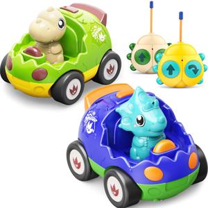 2 Pack Dinosaur Toys Remote Control Cars for Toddlers Ages 2 3 4 5, Christmas Birthday Gifts for 2-5 Year Old Boys, Dinosaur RC Car Toys with Music and Lights (Green Blue)