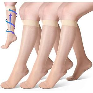 Shellwei 3 Pairs Sheer Compression Socks 20-30 Mmhg Knee High Compression Stockings Support Hose for Women L