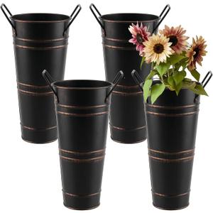 4 Pack 9 Inch Tall Galvanized Flower Bucket, Black Farmhouse French Flower Bucket with Handle, Small Rustic Vintage Metal Vases for Flower, Centerpieces, Floral Arrangements