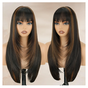 Highlight Long Straight Layered Wig with Bangs for Women 26 inch Highlight Brown Put on Go Realistic Synthetic Heat Resistant Natural Wig for Girls Party Cosplay and Daily Use