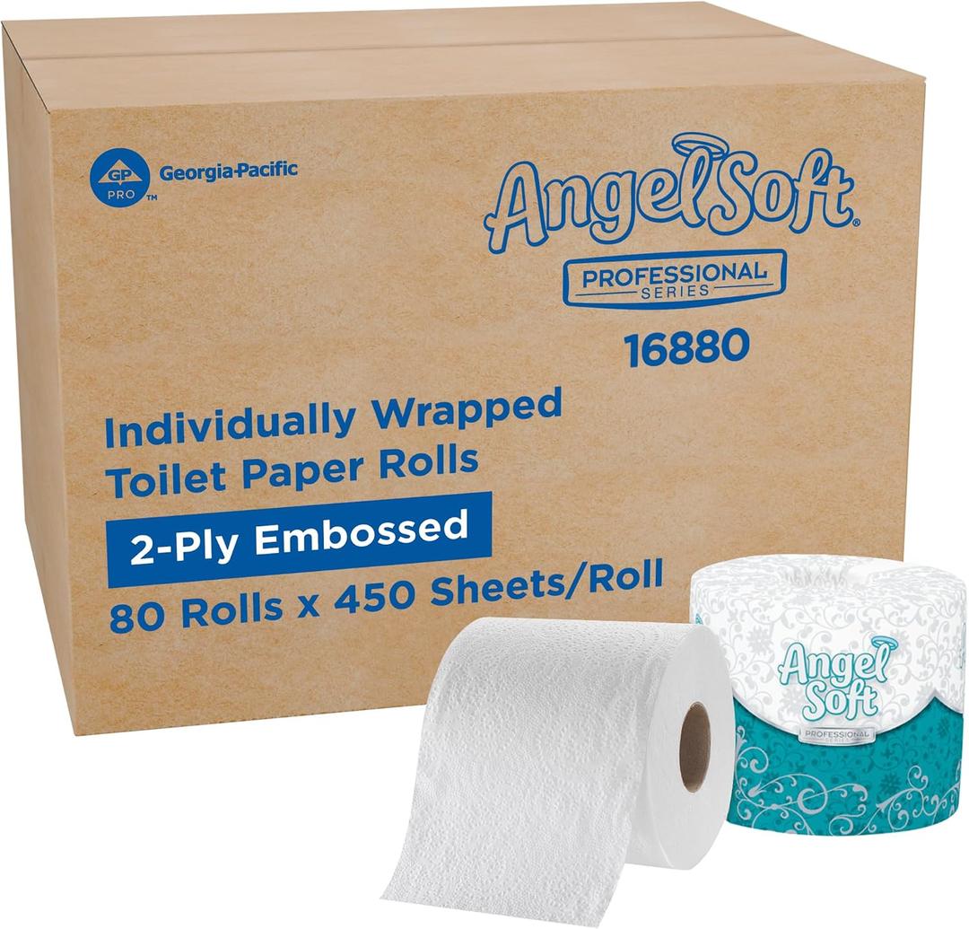 Angel Soft Professional Series by Georgia-Pacific PRO 2-Ply Embossed Toilet Paper, White, Individually Wrapped, 450 Sheets Per Roll, 80 Toilet Tissue Rolls Per Case, 16880
