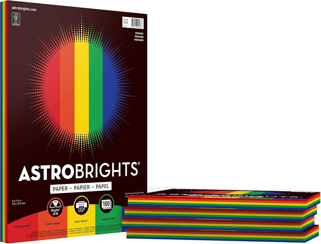 Astrobrights Colored Paper, 8.5" x 11" 24 lb/89 gsm, "Primary" 5-Color Assortment, 5 Individual Packs of 100 Assorted Sheets - 500 Sheets in Total (22228)