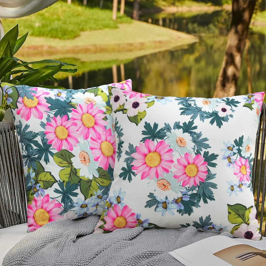 cygnus Summer Outdoor Floral Pillow Covers 18x18 Waterproof,Pink Flower Outdoor Throw Pillows for Patio Furniture & Garden Couch Decorative