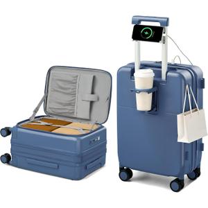 Hanke 20 Inch Expandable Carry On Luggage with Cup Holder 22x14x9 Airline Approved, Top Opening Hard Shell Suitcases with Wheels, Carry-On Travel Suitcase Trunk Luggage with Lock, Interstellar Blue