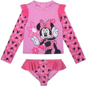 Disney Minnie Mouse Girls UPF 50+ Rash Guard & Bikini Bottom Two Piece Swimsuit Set for Toddlers to Little Kids (6X, Dark Pink)