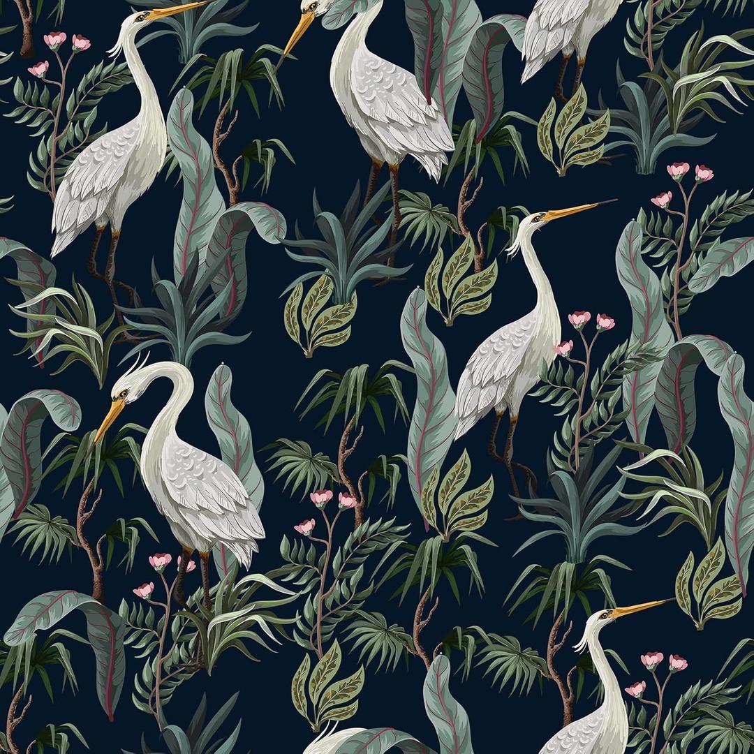 ReWallpaper 17.5in X 39ft Peel and Stick Wallpaper Vintage Dark Botanical Wall Paper Removable Navy White Crane Wallpaper for Bathroom Bedroom Living Room Self Adhesive Renter Friendly Contact Paper