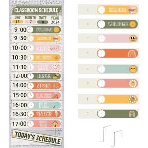 Daily Schedule Pocket Chart for Classroom, Calendar Pocket Chart 13+1 Pockets, 21 Reusable Cards for Classroom School 13" x 36" (Bright Color,Retro)