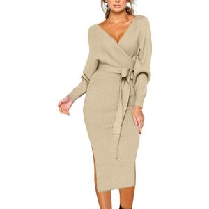 CHERFLY Women's V Neck Sweater Dresses Batwing Long Sleeve Backless Bodycon Long Dress with Belt (Large, Deep Apricot)