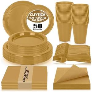 CLIYTICA Gold Plastic Plates Set-50 Guest 9" Dinner Plates & 7" Dessert Plates,12 oz Cups,Napkins,Forks,Disposable Plastic Tableware for Wedding,Corporate Events,Anniversary