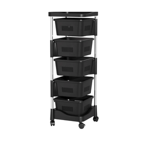 5 Layers Rotating Trolley,Rotating Kitchen Storage Shelves,Vegetable Storage Organizer,Laundry Room Basket Floor Stand Shelf Tower,Produce Bins Cart Rack for Onions Potatoes Black Five Layers