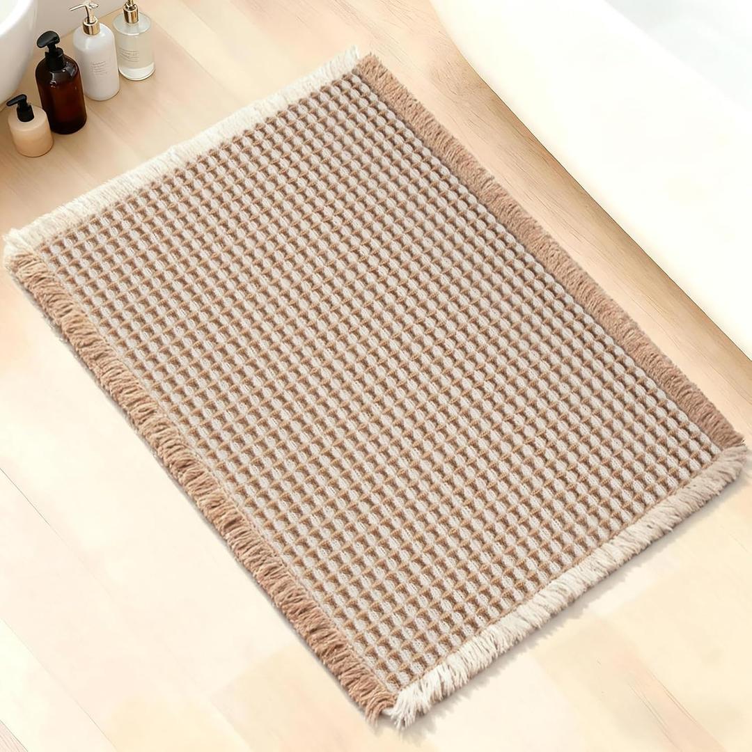 ArtyCozy Waffle Bath Mat, Super Absorbent Soft Non-Slip Boho Bath Rugs with Flat-Woven Hot Glue Backing for Bathroom, Machine Washable Bath Mats, 17"  24", Brown & White