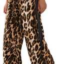 Women's Casual Pants Drawstring Leopard Print Color Block Side Striped Straight Leg Wide Leg Loose Pants (2-Yellow Black, 2XL) 