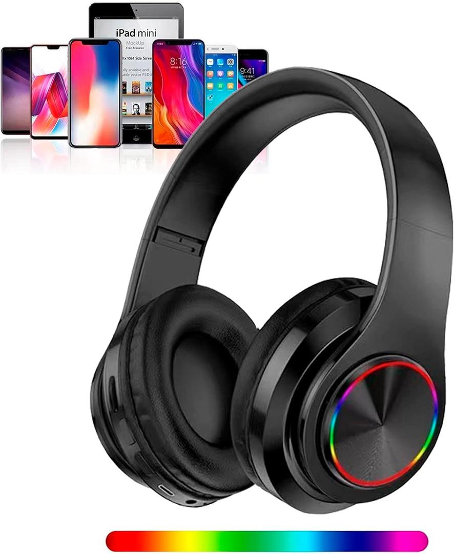 Wireless Bluetooth Headphones with Colorful LED Lights, Built-in Mic, Light Weight, Foldable, Wired HiFi Stereo Headphones for Classroom/Home Office/PC/Mobile Phone/Kids Adult (Black)