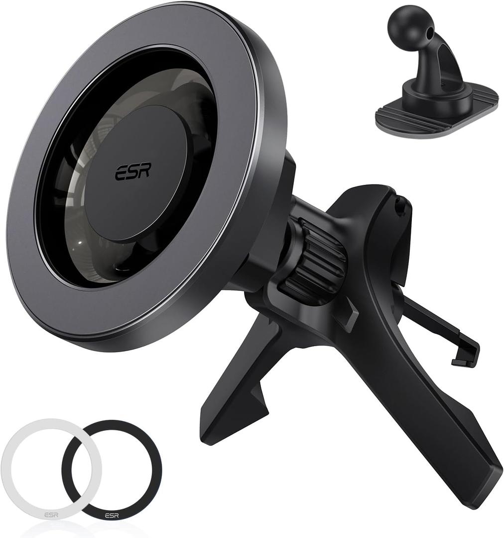 ESR for MagSafe Car Mount, Magnetic Phone Holder for Car Air Vent, Car Phone Holder Mount for iPhone 17e/17/16/16e/15/14/13/12/Samsung, All Smartphones(2 Metal Rings Included),Charging Not Supported (Black)
