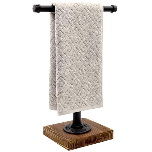 YESSAP Hand Towel Holder, T-Shape Height 13'' Black Hand Towel Holder Stand, Free Standing Hand Towel Holder for Bathroom Countertop, Rustic Brown, TH006