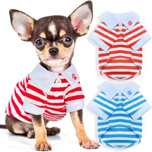 2 Pieces Striped Dog T-Shirt for Small Dogs Teacup Chihuahua Yorkie Puppy Clothes Pet Shirts, Color Blue White + Red White Strips, Size XS