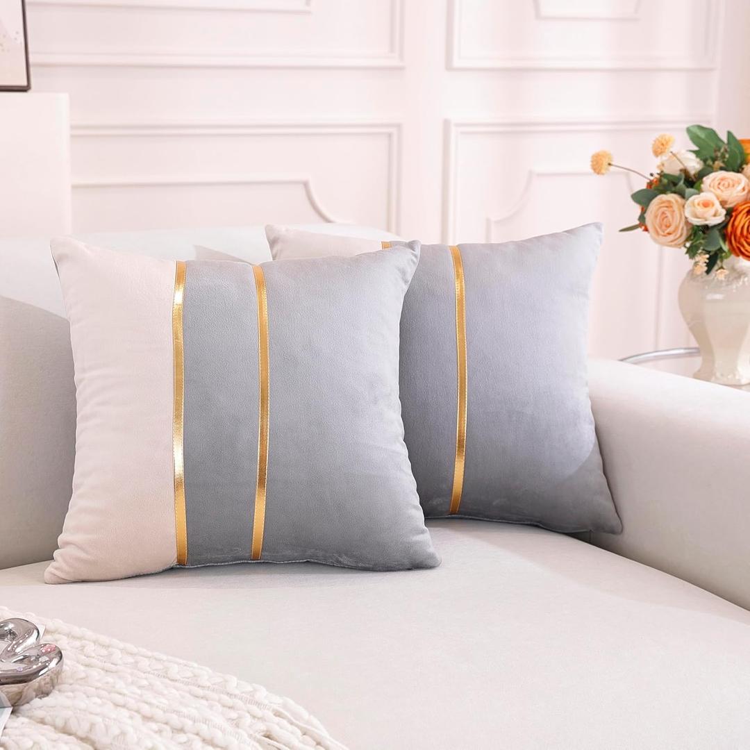 TAOSON Velvet Throw Pillow Covers, Pack of 2 Soft Decorative Cushion Covers Cases Grey Beige Patchwork with Gold Leather for Sofa Bedroom Livingroom Car, 18 x 18 Inch