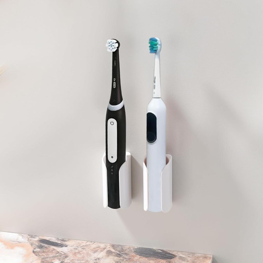 Electric Toothbrush Holder for Bathroom, Wall-Mounted Toothbrush Stand with Self-Adhesive, Compact Bathroom Caddy for Electric Toothbrushes (White-2pcs)