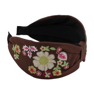 Embroidered Headbands for Women Floral Boho Knotted Leaf Wide Padded Vintage Fabric Hairbands Decorative Flower Hair Hoop (colorful flower)