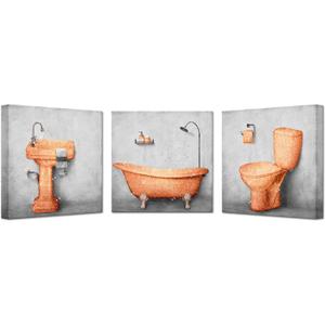 KREATIVE ARTS Canvas Set of 3 Elegant Bathtub Dresser Wash Basin Canvas Print Art Bathroom Pictures Wall Decor Vintage Artwork 12x12inchx3pcs (Orange)