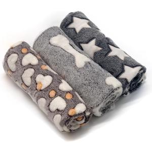 1 Pack 3 Puppy Blankets Super Soft Warm Sleep Mat Grey Cute Print Fluffy Fleece Pet Flannel Throw Dog Blankets for Small Dogs Cats,Star&Bone&Love-Medium(29"x20")