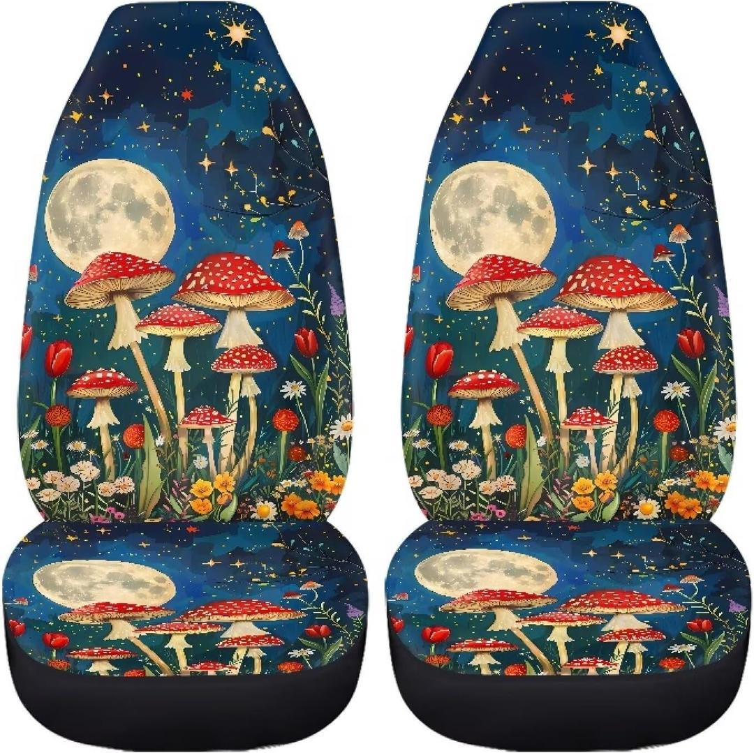 Mushroom Flower Starry Sky Car Seat Protectors 2 Pack Auto Seat Cushion Washable Universal Fit Vehicle High Bucket Seat Only Front Gifts for Women Men