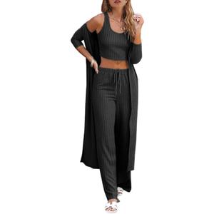 Fessceruna Womens 3 Piece Lounge Sets Pajamas Knit Long Sleeve Cardigan Crop Top Wide Leg Pants Loungewear Set (Black, M)