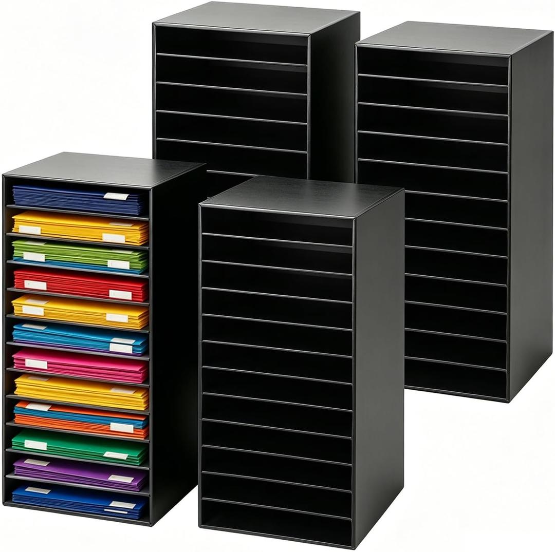 Wesiti 4 Pack Black Classroom Paper Organizers Bulk, 12 Slot Cardboard Mailboxes for Classroom, Sturdy Construction Paper Storage Sorters for Student Worksheets, Folders, A4 Files Home Office